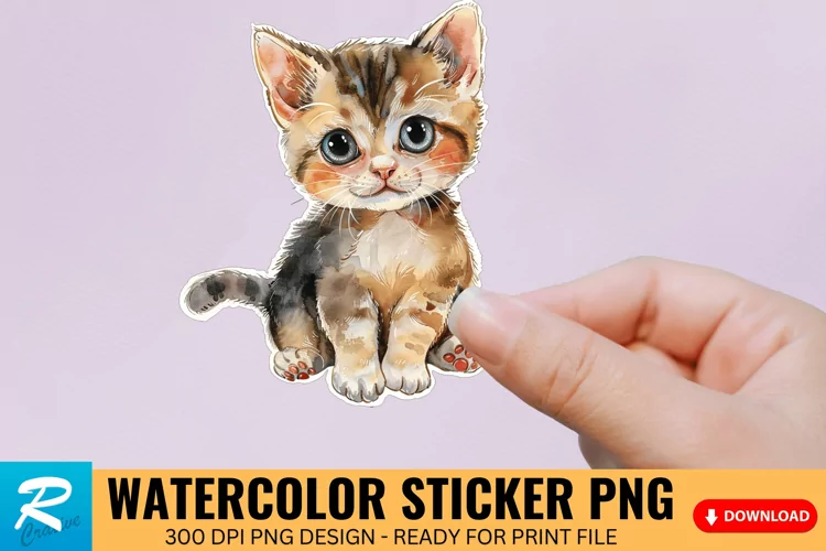 Cute Watercolor Kitten Sticker Clipart, Sticker PNG Clipart