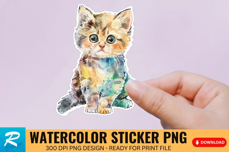 Cute Watercolor Kitten Sticker Clipart, Sticker PNG Clipart