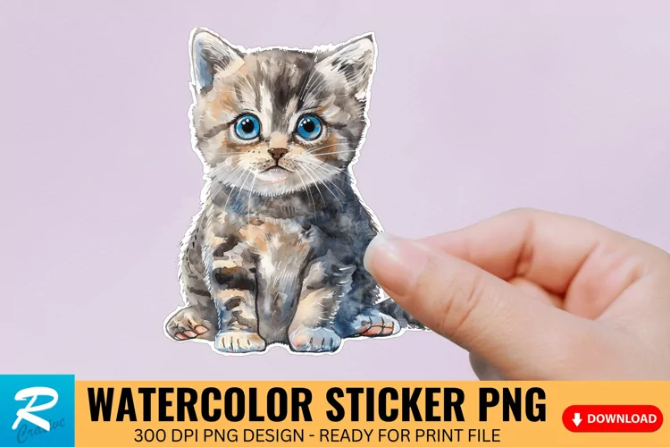 Cute Watercolor Kitten Sticker Clipart, Sticker PNG Clipart