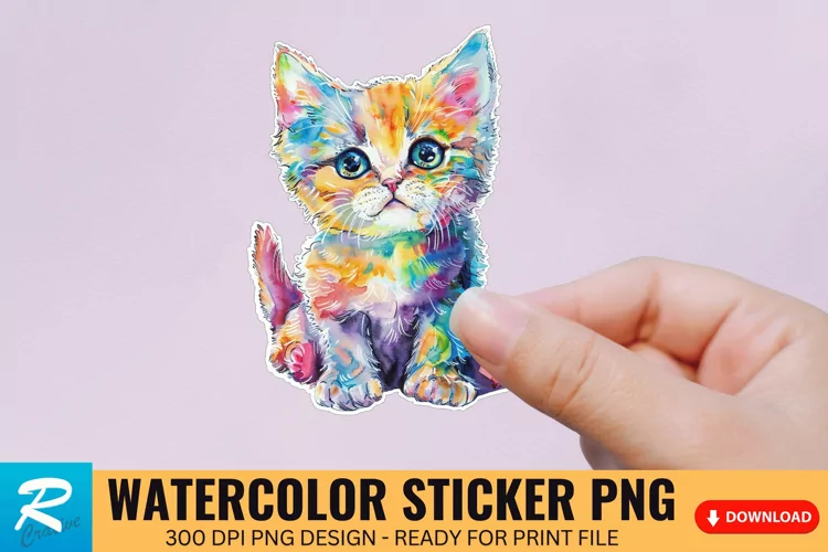 Cute Watercolor Kitten Sticker Clipart, Sticker PNG Clipart