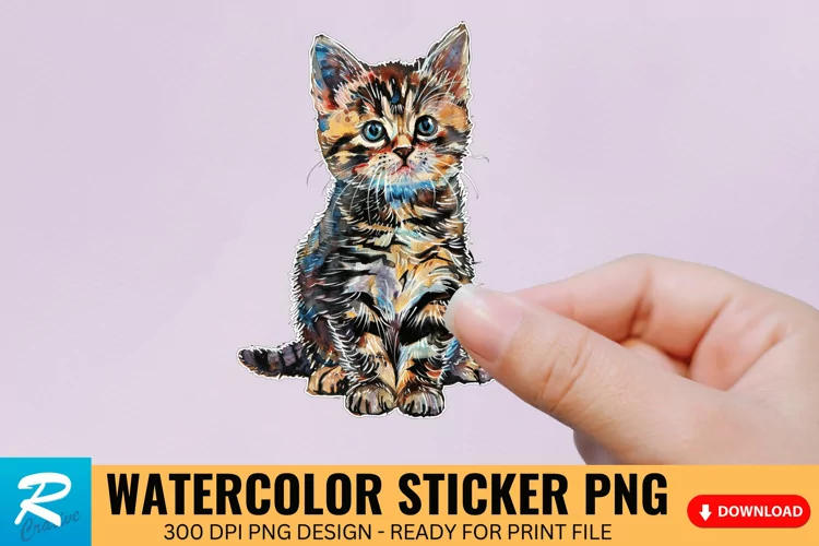 Cute Watercolor Kitten Sticker Clipart, Sticker PNG Clipart