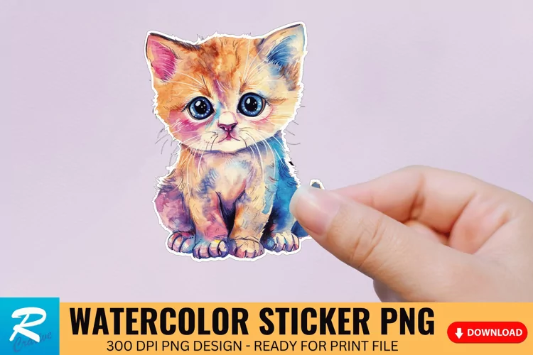 Cute Watercolor Kitten Sticker Clipart, Sticker PNG Clipart