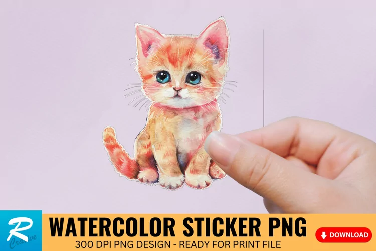 Cute Watercolor Kitten Sticker Clipart, Sticker PNG Clipart