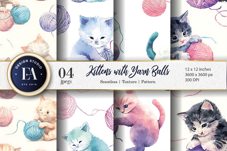 Seamless Watercolor Kittens with Yarn Balls Digital Paper
