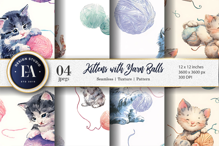 Cute Playful Cats with Yarn Balls Watercolor Digital Paper