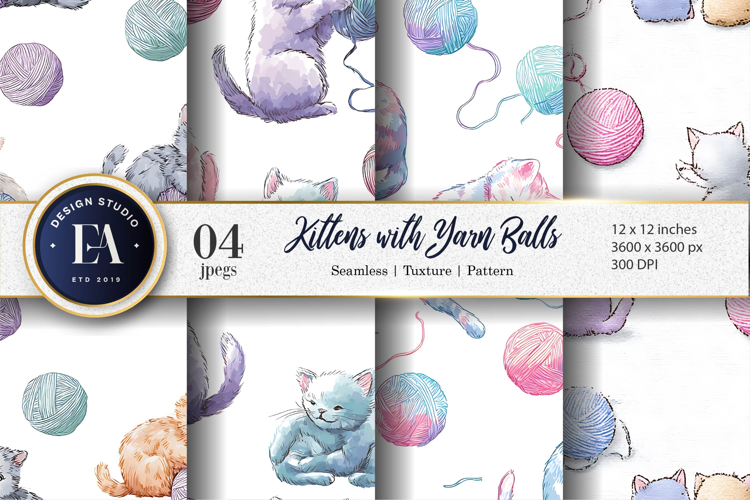 Watercolor Kittens with Yarn Balls Seamless Digital Paper