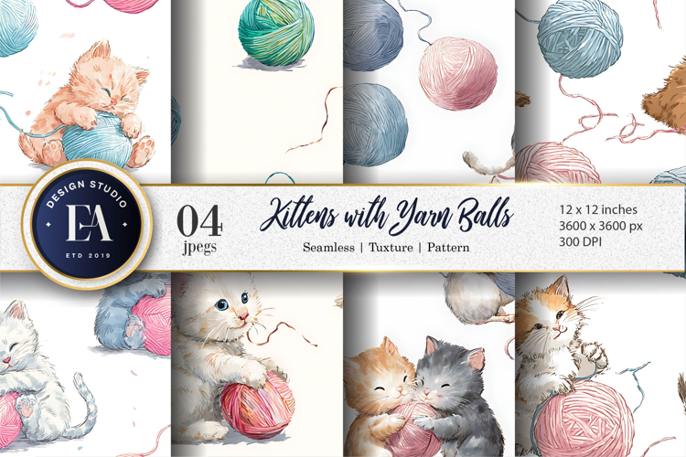 Watercolor Yarn Ball Kittens Playful Cats Digital Paper