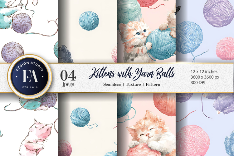 Kittens Playing Yarn Balls Watercolor Seamless Digital Paper