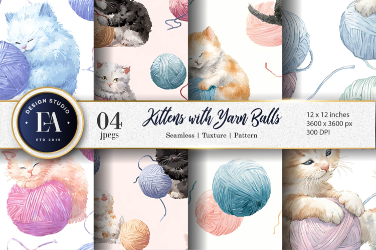 Watercolor Kittens with Yarn Balls Seamless Digital Paper
