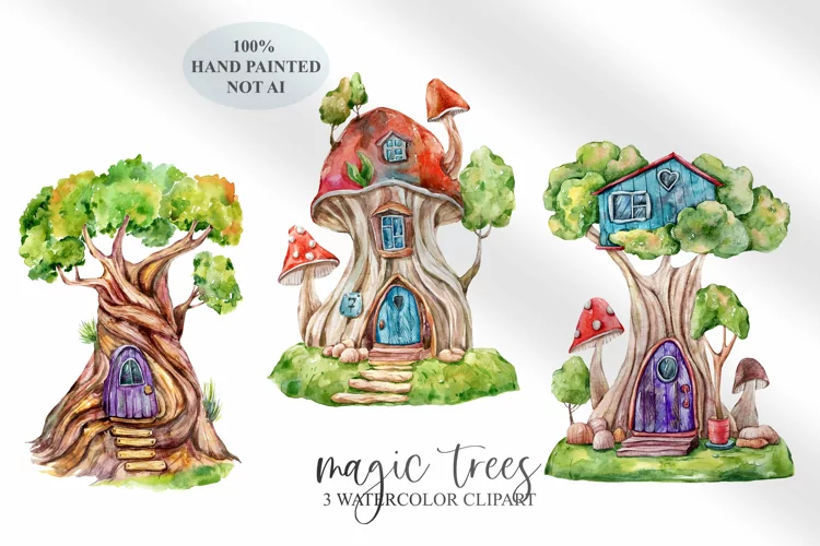 Watercolor cute tree and mushroom houses clipart - 3 png