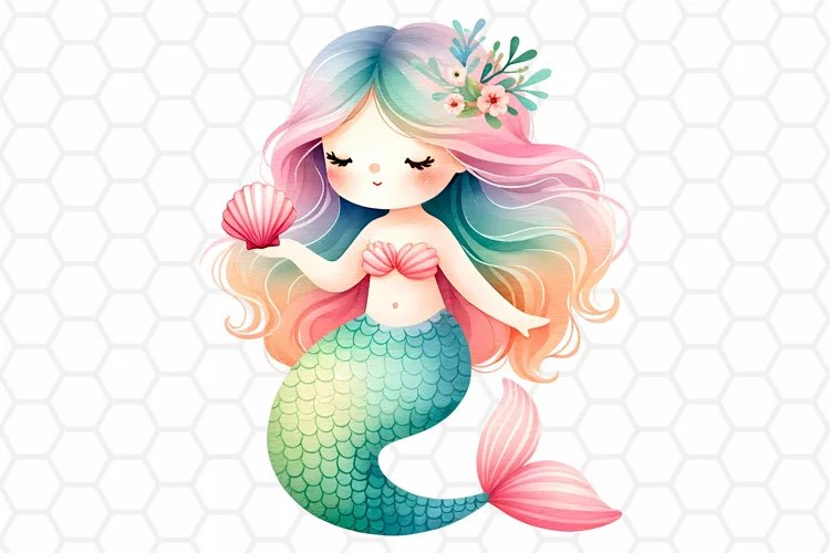 Cute Watercolor Mermaid Clipart, Sublimation PNG