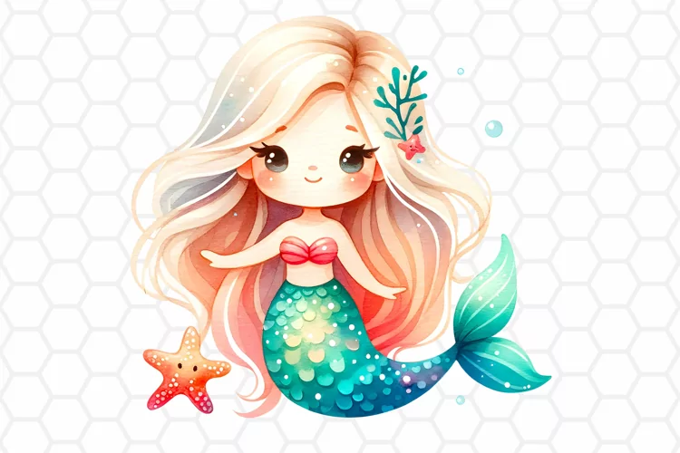 Cute Watercolor Mermaid Clipart, Sublimation PNG