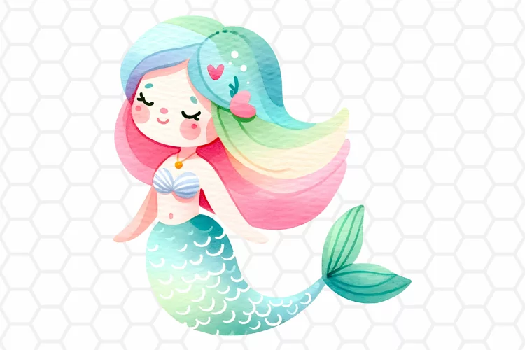 Cute Watercolor Mermaid Clipart, Sublimation PNG