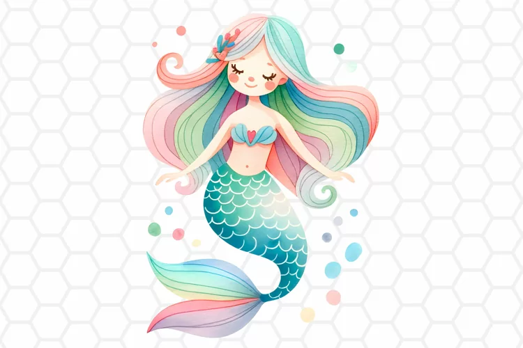 Cute Watercolor Mermaid Clipart, Sublimation PNG