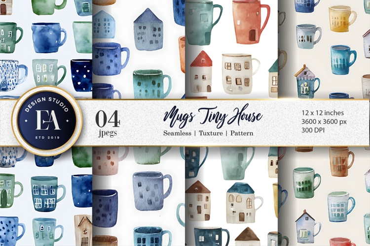 Cute Watercolor Mugs Tiny House Seamless Digital Paper