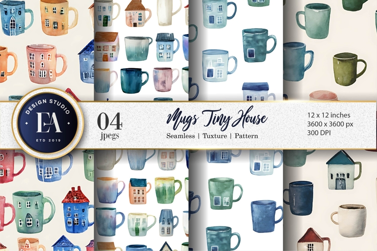 House Shaped Mug Watercolor Seamless Art Digital Paper