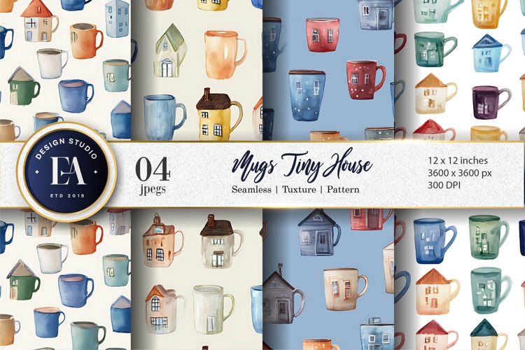 Hand-Painted Tiny House Mugs Digital Paper