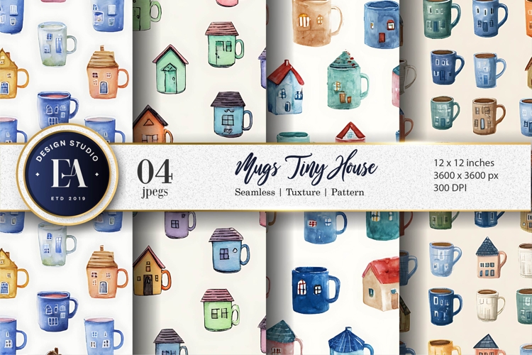 Hand-Painted Tiny House Mugs Digital Paper