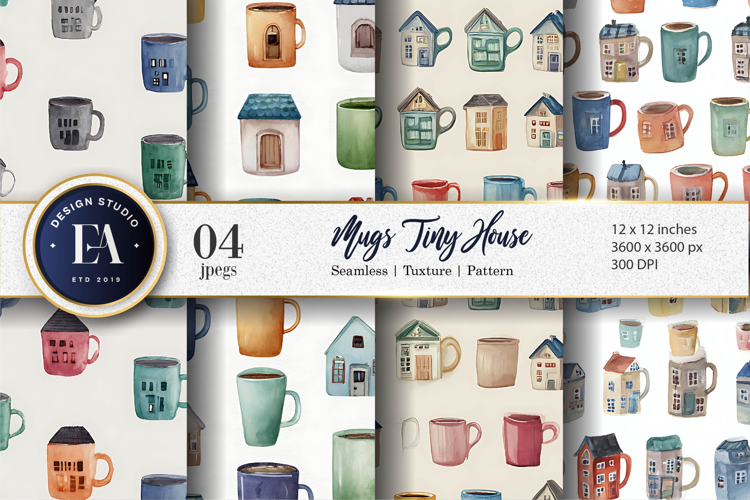 House Shaped Mug Watercolor Seamless Art Digital Paper