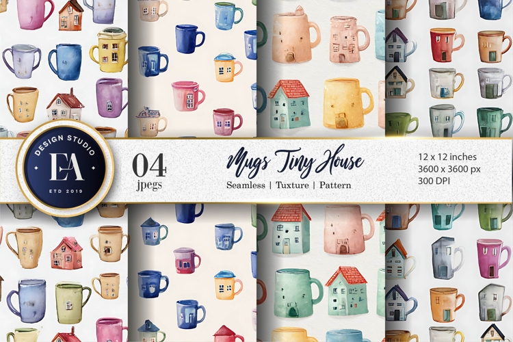 House Shaped Mug Watercolor Seamless Art Digital Paper