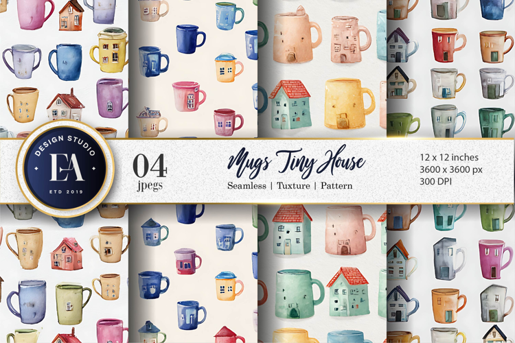 House Shaped Mug Watercolor Seamless Art Digital Paper