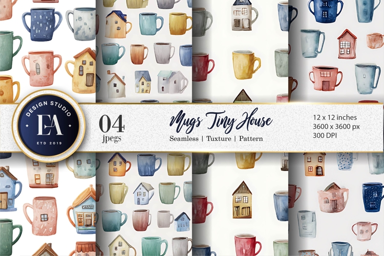 Cute Watercolor Mugs Tiny House Seamless Digital Paper