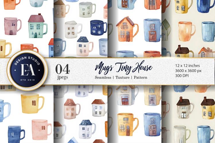 Hand-Painted Tiny House Mugs Digital Paper