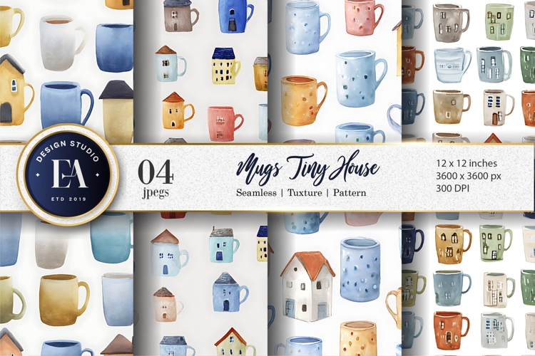 Cute Watercolor Mugs Tiny House Seamless Digital Paper