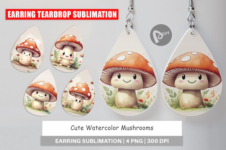 Earring Teardrop Watercolor Mushrooms