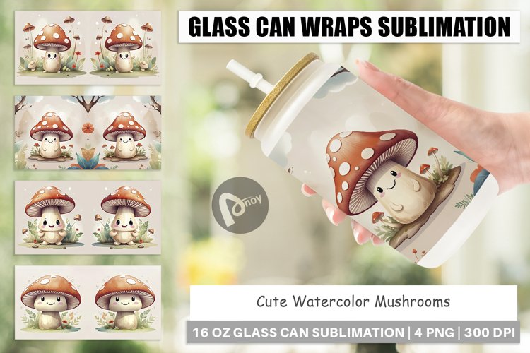 Glass Can Wraps Watercolor Mushrooms