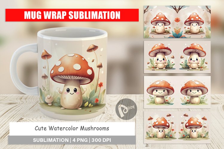 Mug Wrap Design Watercolor Mushrooms