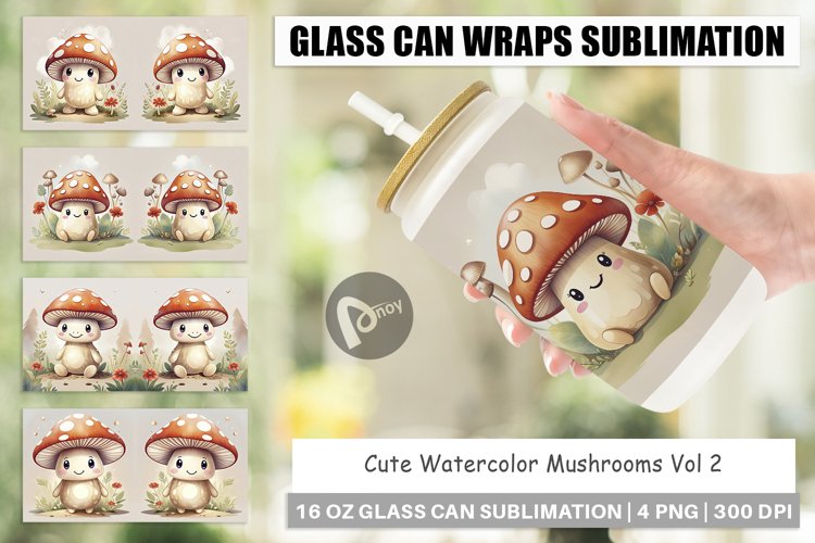 Glass Can Wraps Watercolor Mushrooms