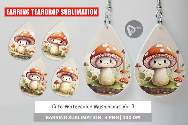 Earring Teardrop Watercolor Mushrooms