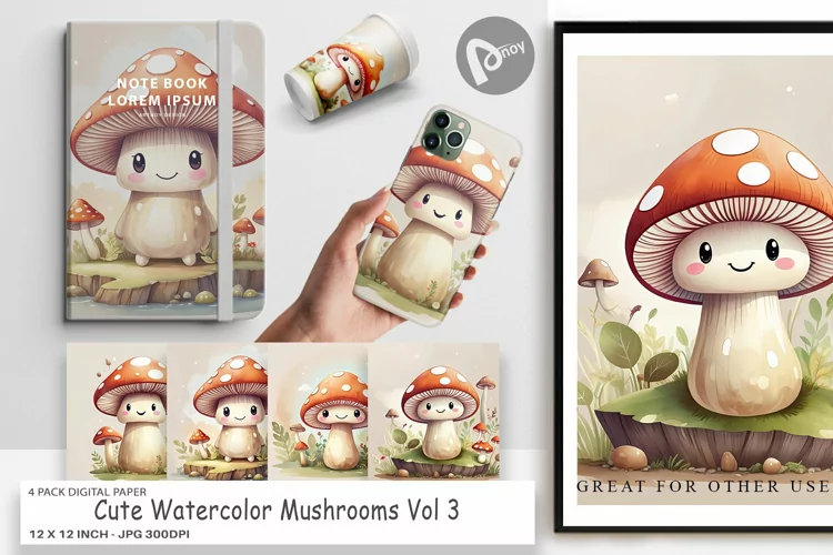 Digital Paper Watercolor Mushrooms