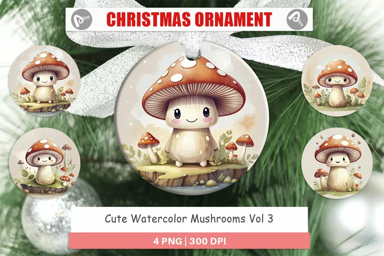 Christmas Ornaments Watercolor Mushrooms