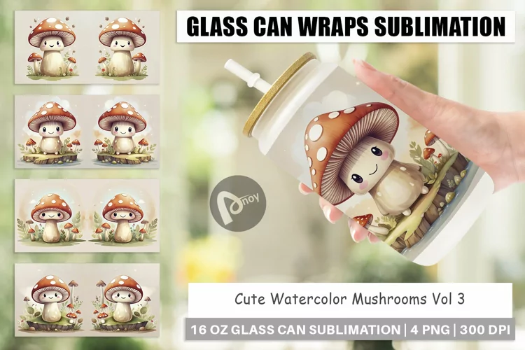 Glass Can Wraps Watercolor Mushrooms