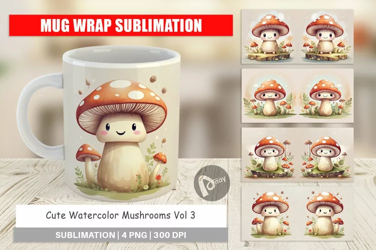 Mug Wrap Design Watercolor Mushrooms