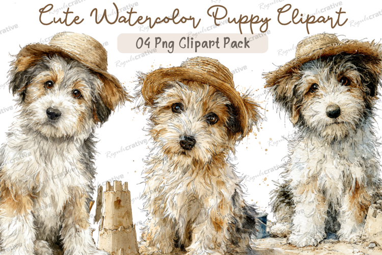 Cute Watercolor Puppy Clipart PNG Bundle,Adorable Dog