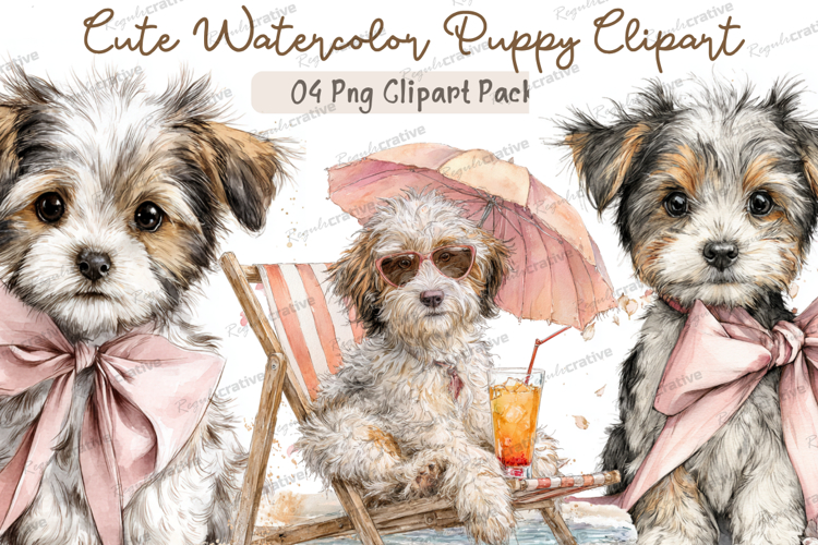 Cute Watercolor Puppy Clipart PNG Bundle,Adorable Dog