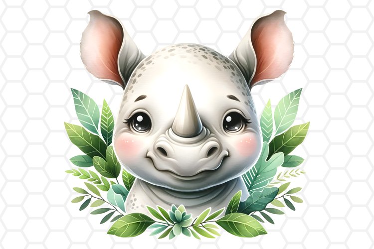 Cute Watercolor Rhino Nursery Clipart Sublimation PNG