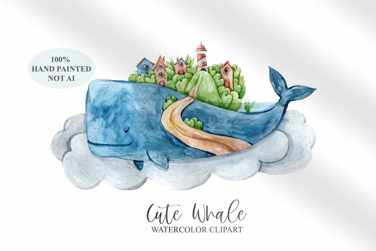 Watercolor cute sperm whale clipart / ocean animal- 1png