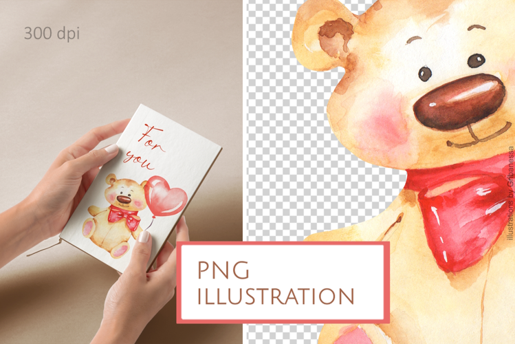Cute Watercolor Teddy Bear Heart Balloon PNG