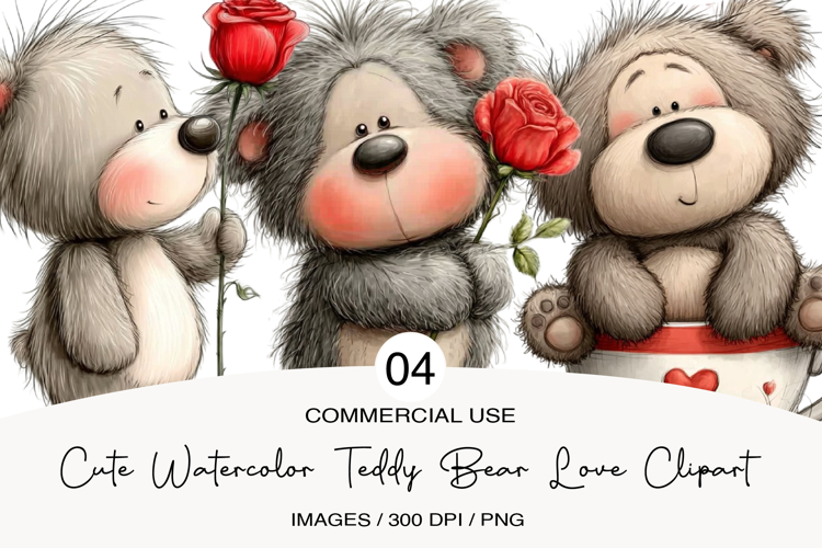 Cute watercolor teddy bear love clipart