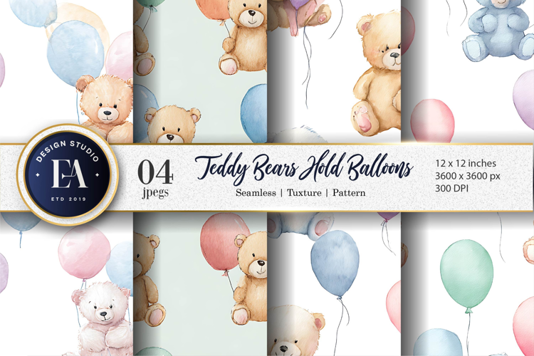 Teddy Bears with Balloons Watercolor Artwork Digital Paper