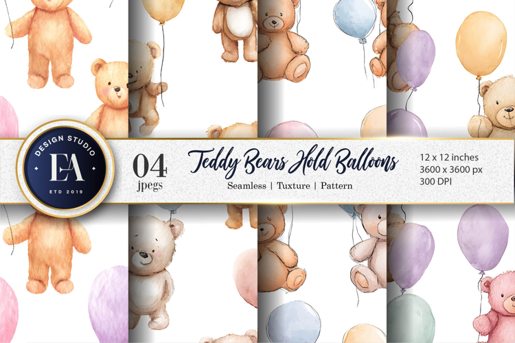 Teddy Bears Holding Colorful Balloons Digital Paper