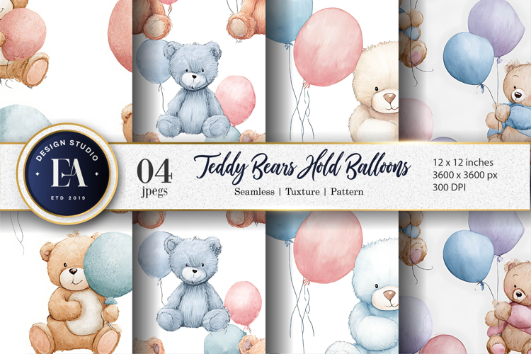 Adorable Teddy Bears Balloons Seamless Pattern Digital Paper