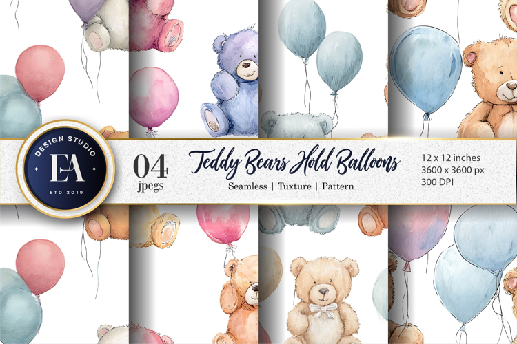 Hand-Painted Teddy Bears Balloons Watercolor Digital Paper