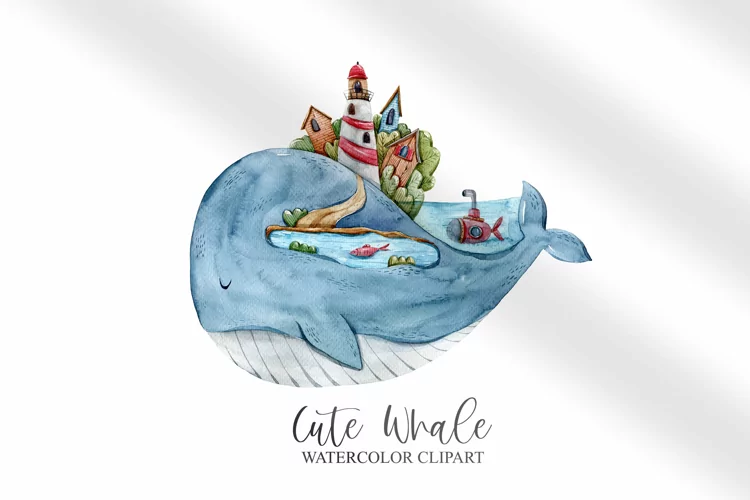Watercolor cute whale clipart / underwater clipart- 1png