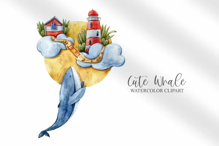 Watercolor cute whale clipart/ underwater sublimation- 1 png