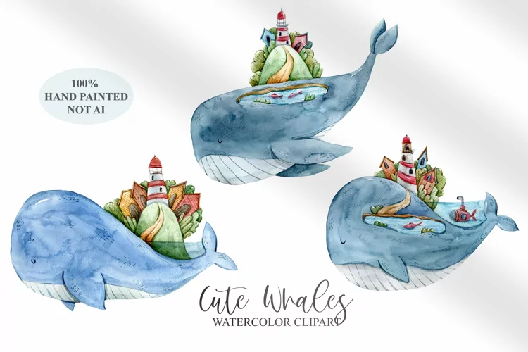 Watercolor cute whale clipart / underwater animal- 3 png